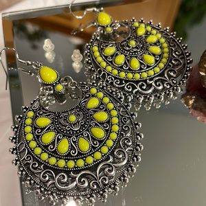 Stunning boho earrings silver and neon yellow beautiful detail. Fish hook back